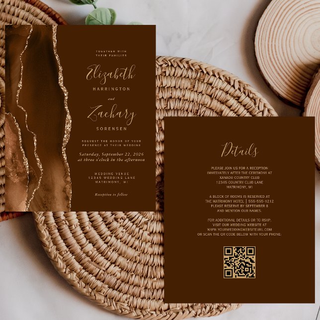Lámina Invitación de boda con código QR marrón agata dora (Subido por el creador)