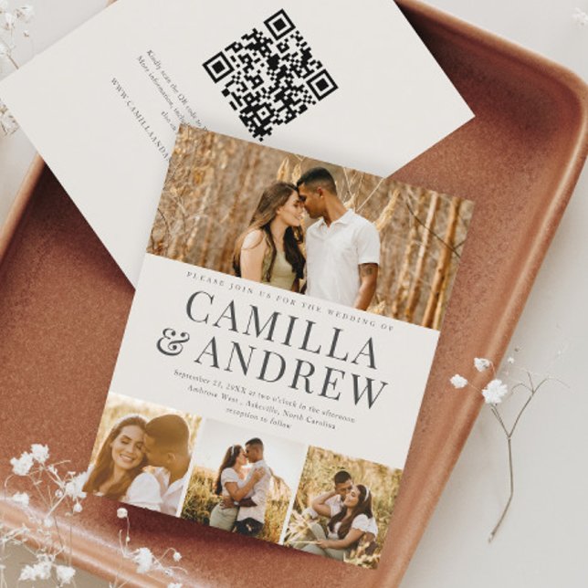 Lámina Invitación de boda con código QR para 4 fotos mode (Budget 4 Photo Collage Ivory Wedding Invitation with QR code RSVP on the back.)