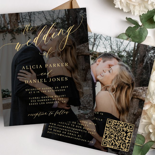 Lámina Invitación de boda con código QR para RSVP dorado  (This is an invitation printed on a budget paper. Cardstock available in the collection)