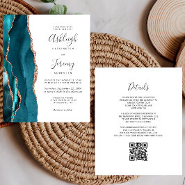 Lámina Invitación de Boda con Código QR Rosa Dorado Teal 