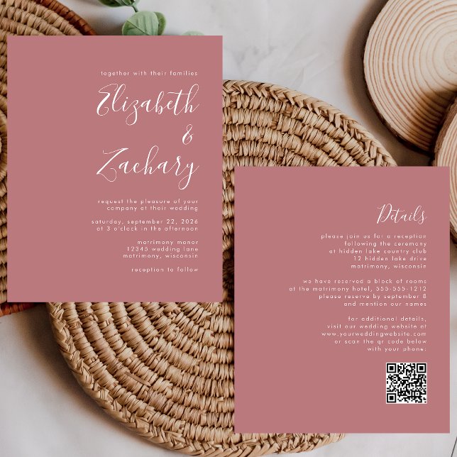 Lámina Invitación de boda con código QR rosa polvoriento  (Subido por el creador)