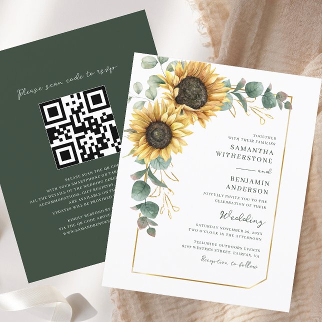 Lámina Invitación de boda con código QR todo en uno de Gi (Sunflower All-in-One QR Code Wedding Invitation)