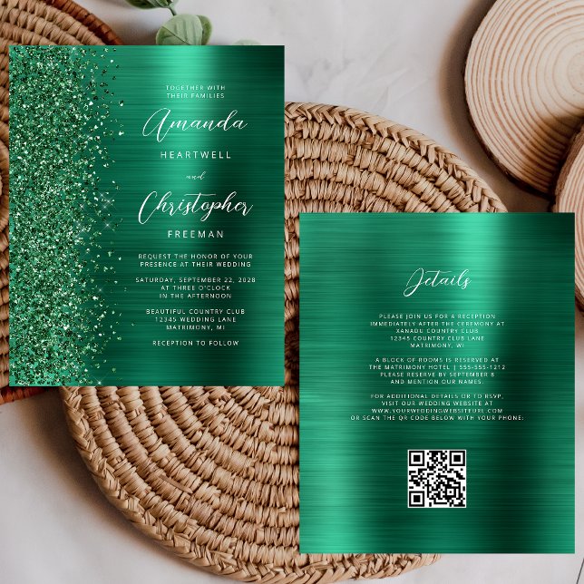 Lámina Invitación de Boda con Código QR Verde Glam en Pre (Subido por el creador)