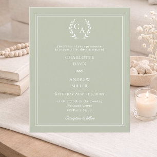 Lámina Invitación de boda con corona de monograma verde s