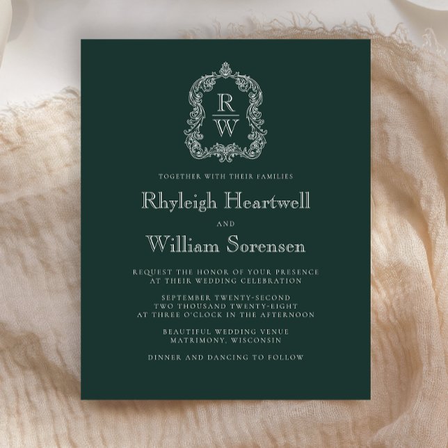 Lámina Invitación de boda con cresta de monograma verde b (Subido por el creador)
