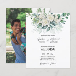 Lámina Invitación de boda con eucalipto verde y rosas bla