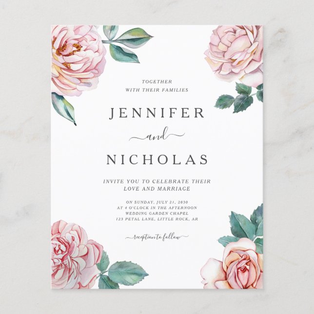 Lámina Invitación de boda con flores de peonía rosadas Pr (Anverso)