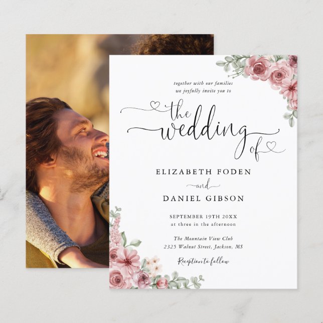 Lámina Invitación de boda con flores de rosa de presupues (Anverso / Reverso)