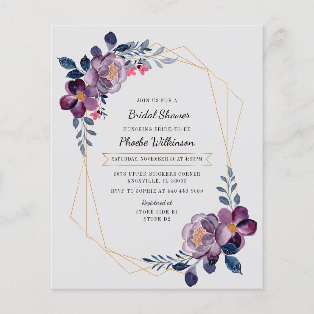 Lámina Invitación de boda con flores moradas presupuesto (Anverso)