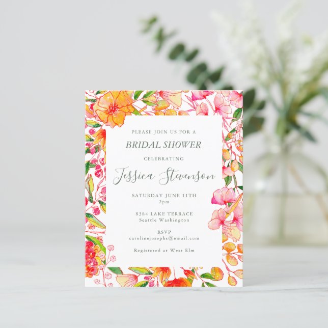 Lámina Invitación de boda con flores rosadas y naranjas c (Anverso de pie)