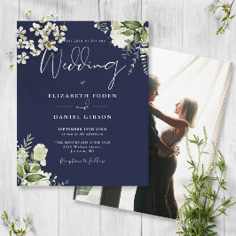 Lámina Invitación de boda con follaje azul marino con fot