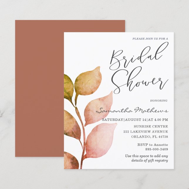 Lámina Invitación de boda con follaje de terracota económ (Anverso / Reverso)