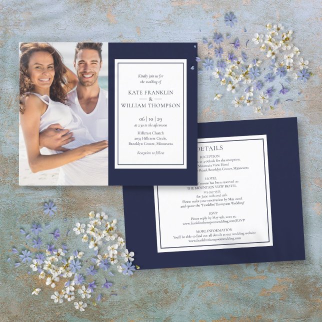 Lámina Invitación de boda con foto azul marino todo en un (Budget All In One Navy Blue Photo Wedding Invite)