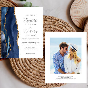 Lámina Invitación de Boda con Foto de Ágata Dorada y Azul