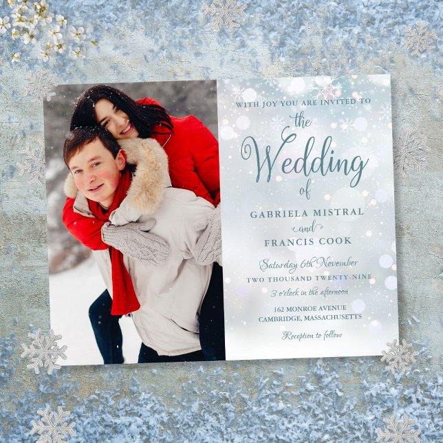 Lámina Invitación de boda con foto de copos de nieve de i (Budget Winter Snowflakes Photo Wedding Invitation)