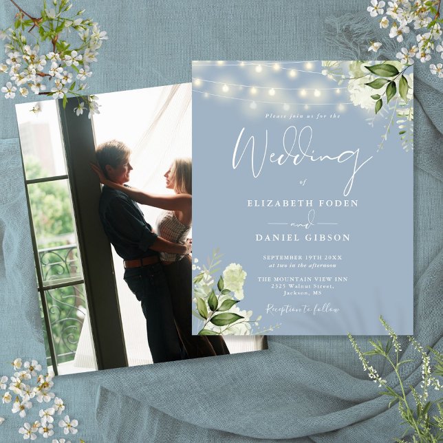 Lámina Invitación de boda con foto de flores polvorientas (Budget Floral Dusty Blue Photo Wedding Invite)