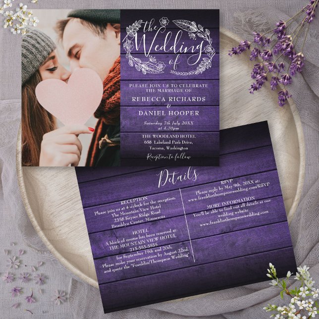 Lámina Invitación de boda con foto de madera morada todo  (Budget All In One Purple Wood Photo Wedding Invite)