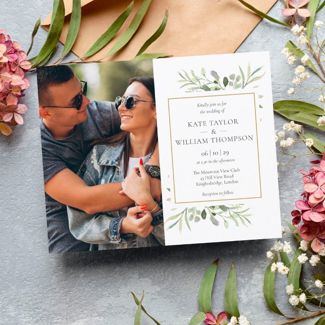 Lámina Invitación de boda con foto dorada y vegetación ec (Subido por el creador)