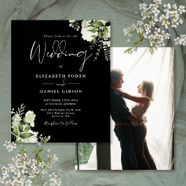 Lámina Invitación de boda con foto floral en blanco y neg