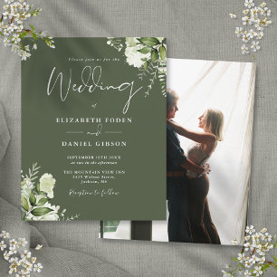 Lámina Invitación de boda con foto floral verde oliva eco