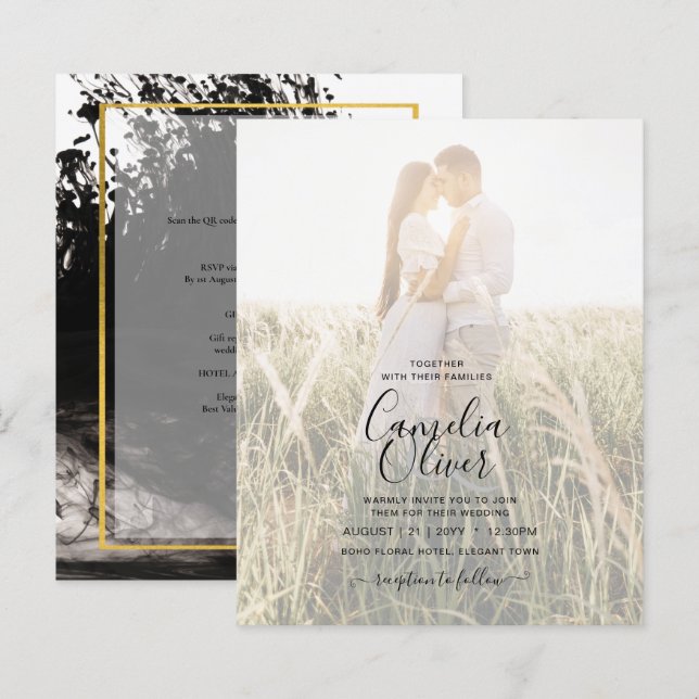 Lámina Invitación de boda con foto LeahG Tinta negra dora (Anverso / Reverso)