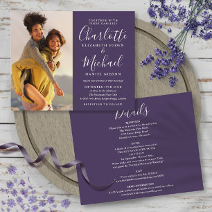 Lámina Invitación de boda con foto morada todo en uno Pre