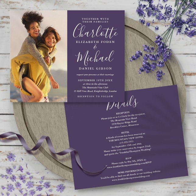 Lámina Invitación de boda con foto morada todo en uno Pre (Budget All In One Purple Photo Wedding Invite)