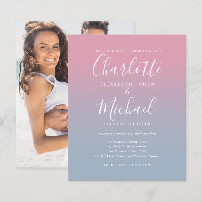 Lámina Invitación de boda con foto ombre rosa y azul econ (Anverso / Reverso)