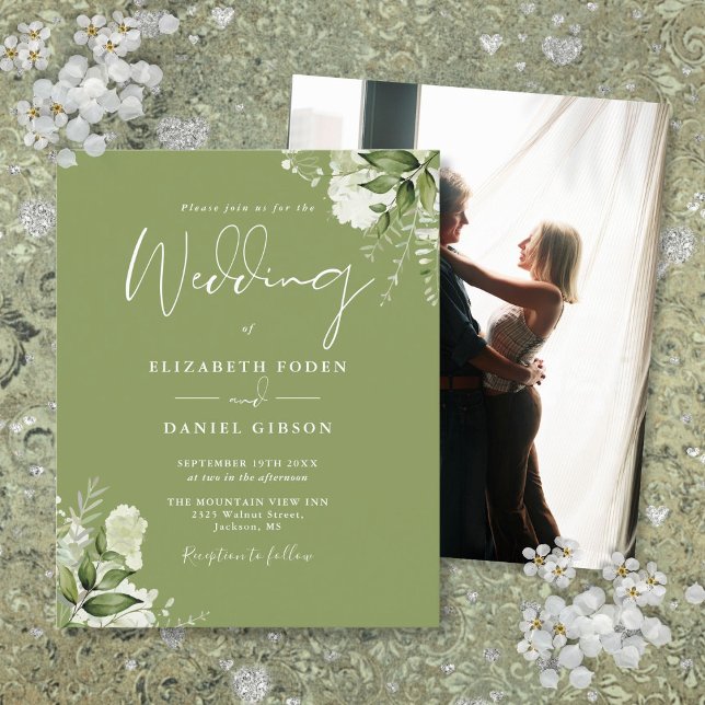 Lámina Invitación de boda con foto verde musgo de follaje (Budget Foliage Moss Green Photo Wedding Invitation)