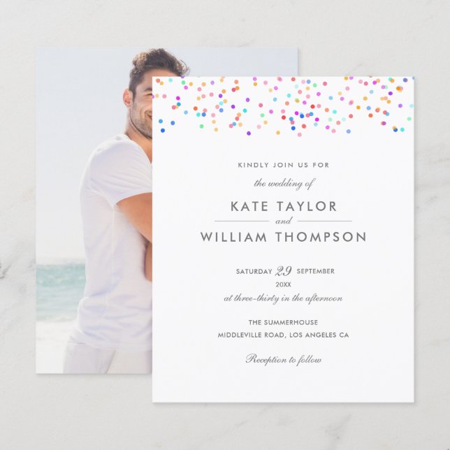 Lámina Invitación de boda con foto y confeti de arcoíris  (Anverso / Reverso)