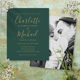 Lámina Invitación de boda con foto y guión de oro esmeral