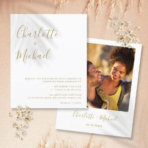 Lámina Invitación de boda con foto y guión dorado económi