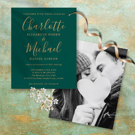 Lámina Invitación de boda con foto y guión dorado verde p
