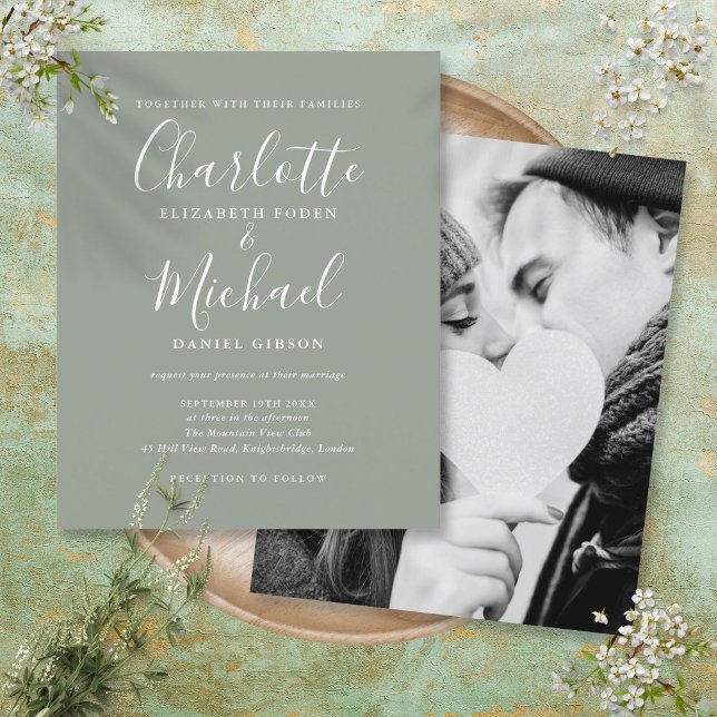 Lámina Invitación de boda con foto y guión en verde salvi (Budget Sage Green Script Photo Wedding Invitation)