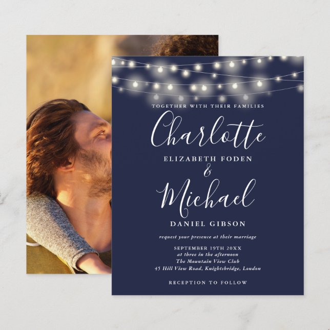 Lámina Invitación de boda con foto y luces azules de pres (Anverso / Reverso)