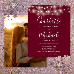 Lámina Invitación de boda con foto y luces de Borgoña eco
