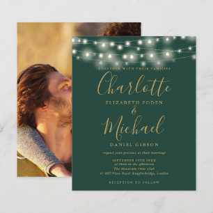 Lámina Invitación de boda con foto y luces doradas verdes