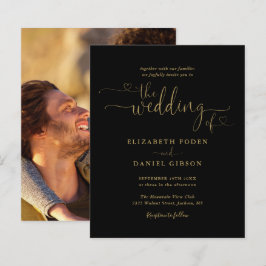 Lámina Invitación de boda con guión de corazones de oro p
