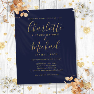 Lámina Invitación de boda con guión dorado azul marino ec