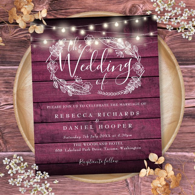 Lámina Invitación de boda con luces de cadena de madera r (Budget Rustic Red Wood String Light Wedding Invite)