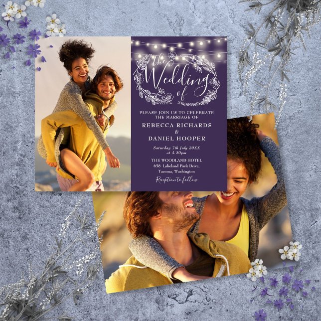 Lámina Invitación de boda con luces de cadena moradas Pre (Budget Purple String Lights 2 Photo Wedding Invite)