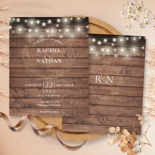 Lámina Invitación de boda con luces de cuerda rústicas ec (Budget Rustic String Lights Wedding Invitation)
