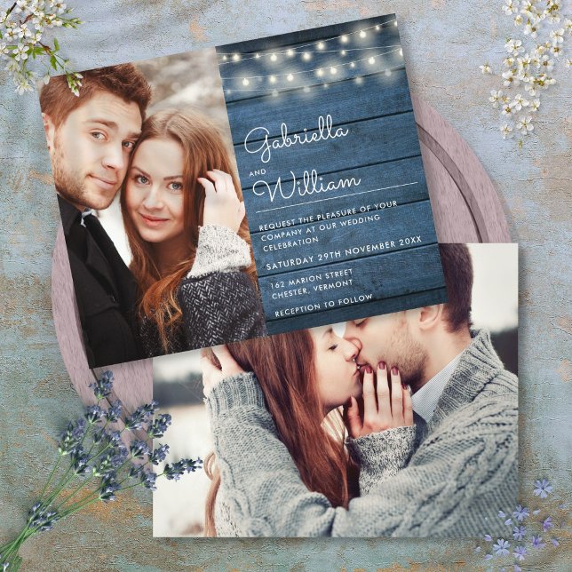 Lámina Invitación de boda con luces de cuerda rústicas ec (Budget Rustic String Lights Photo Wedding Invite)