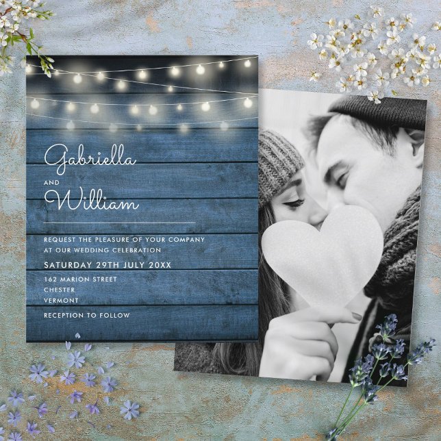 Lámina Invitación de Boda con Luces de Cuerda Rústicas y  (Budget Rustic String Lights Photo Wedding Invite)