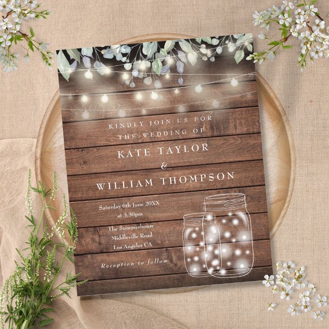 Lámina Invitación de boda con luces de madera rústica eco (Budget Rustic Wood Lights Mason Jar Wedding Invite)