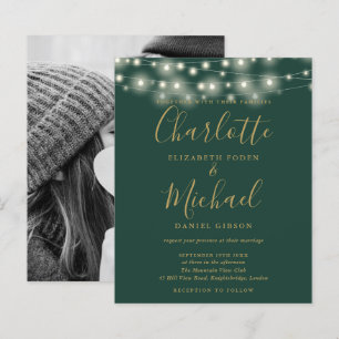 Lámina Invitación de boda con luces doradas y verdes econ