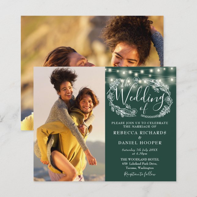 Lámina Invitación de boda con luces esmeraldas verdes de  (Anverso / Reverso)