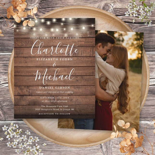 Lámina Invitación de boda con luces rústicas económicas y (Budget Rustic Lights Photo Wedding Invitation)