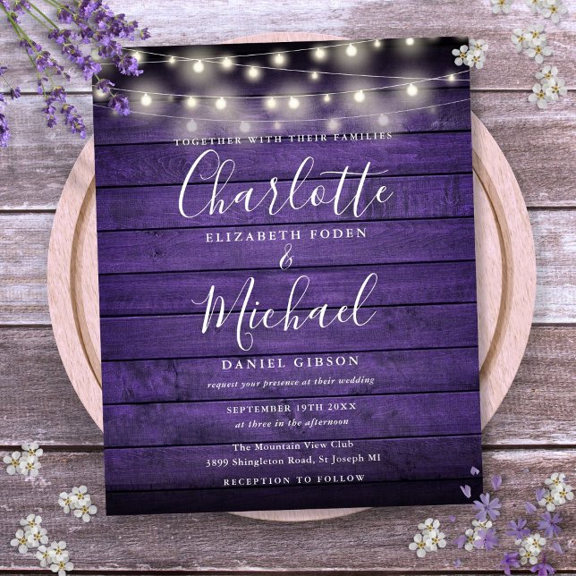Lámina Invitación de boda con luces rústicas púrpura econ (Budget Purple Rustic Lights Wedding Invitation)