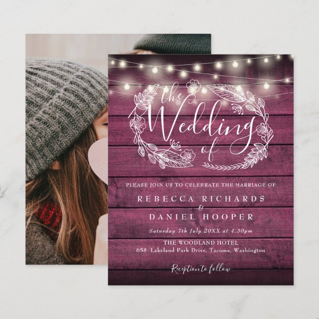 Lámina Invitación de boda con luces rústicas rojas presup (Anverso / Reverso)